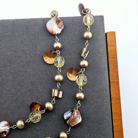 Stone And Shell Beaded Chain Link Necklace Brown Tan Natural Boho Beach 2-Strand - Picture 3 of 5